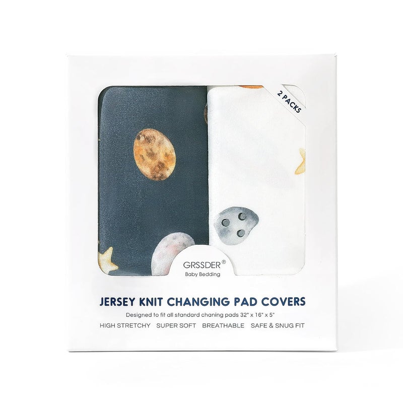 GRSSDER Stretch Ultra Soft Jersey Knit Changing Pad Cover Set 2 Pack, Change Table Pad Covers Fit 32"/34" x 16" Pads Safe and Snug, Space Print for Boys and Girls - Image 4